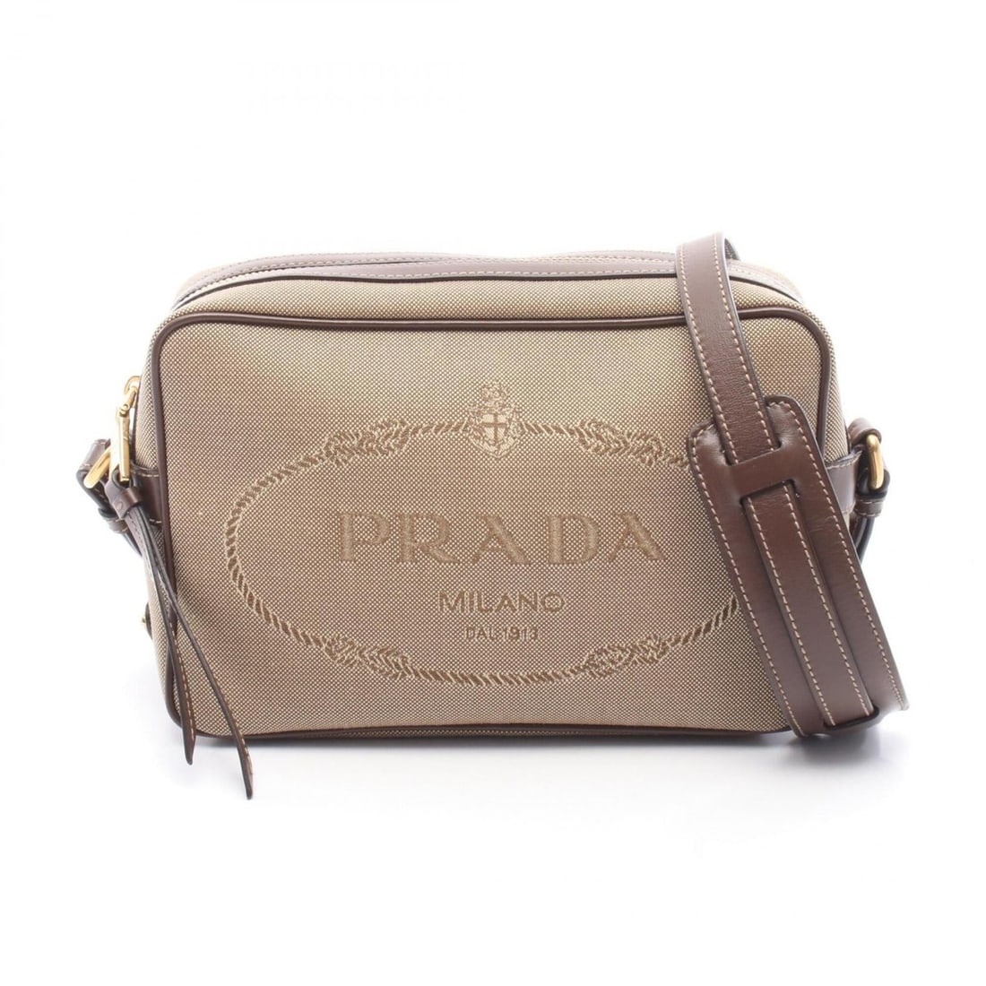 Prada LOGO JACQUARD Shoulder Bag/Handbag, Canvas and Leather, Women's, Gray/Brown, 1BH089: --- Catalog ---Category: SizeSize (HxWxD): 15cm x 22cm x 8cm / 5.9'' x 8.66'' x 3.14''Category: DesignType: Handbag, Shoulder bagColor: Brown, GrayGender: WomenMaterial: Canvas , Leather Category: Gen