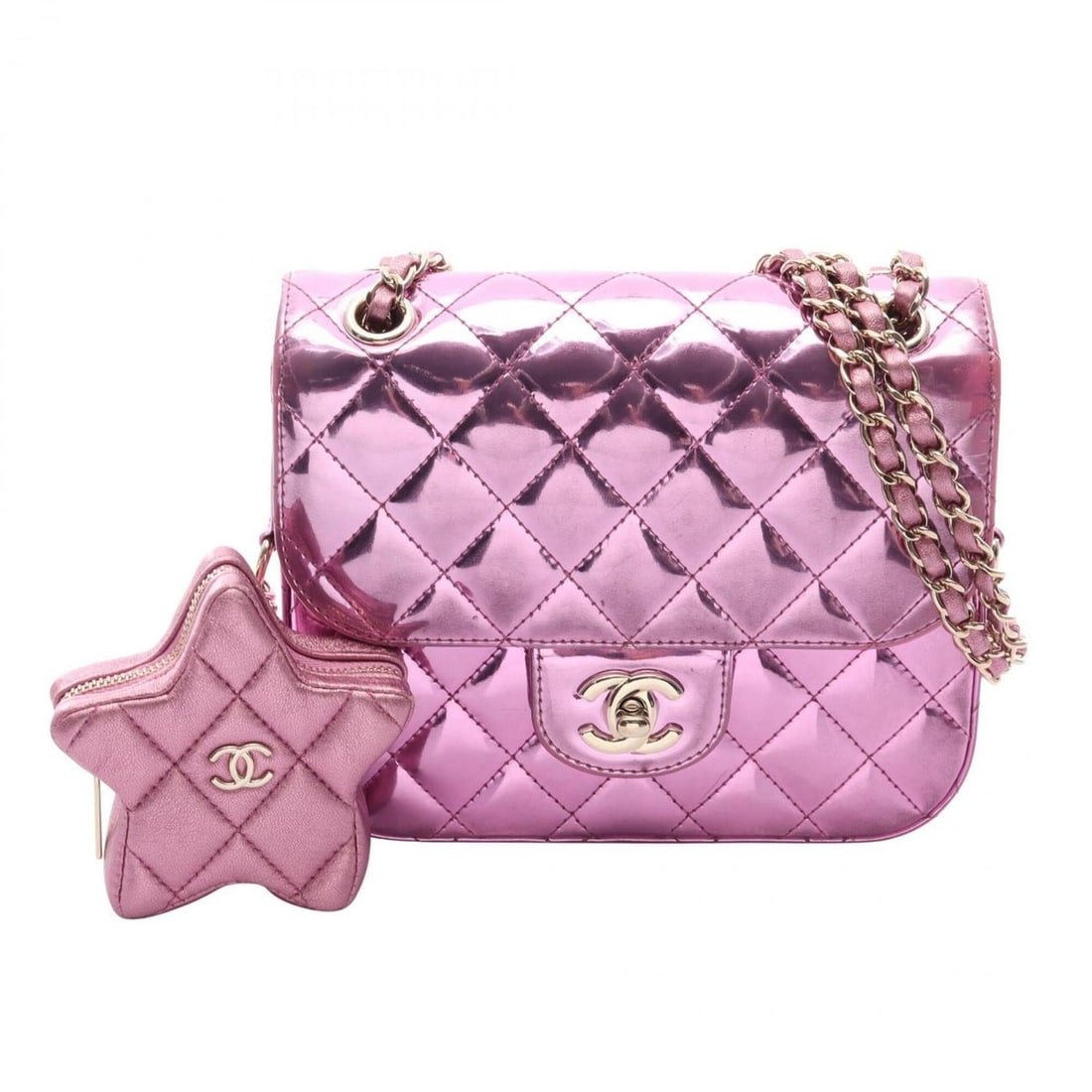 Chanel Matelassé Mini Flap Metallic Shoulder Bag/Handbag, Leather, Women's, Pink (AS4646): --- Catalog ---Category: SizeSize (HxWxD): 16cm x 19cm x 4cm / 6.29'' x 7.48'' x 1.57''Category: DesignType: Handbag, Pouch, Shoulder bagColor: PinkGender: WomenMaterial: Leather Hardware Color: GoldC