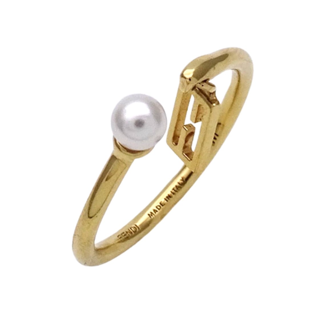 Fendi ring for women, brand name ring, metal, faux pearl, gold, size M.: --- Catalog ---Category: DesignColor: GoldGender: WomenMaterial: MetalCategory: GeneralBrand: FendiCountry of Origin: Italy--- Item List ---Section: ConditionRanking: Rank B Used - Traces of usage, da