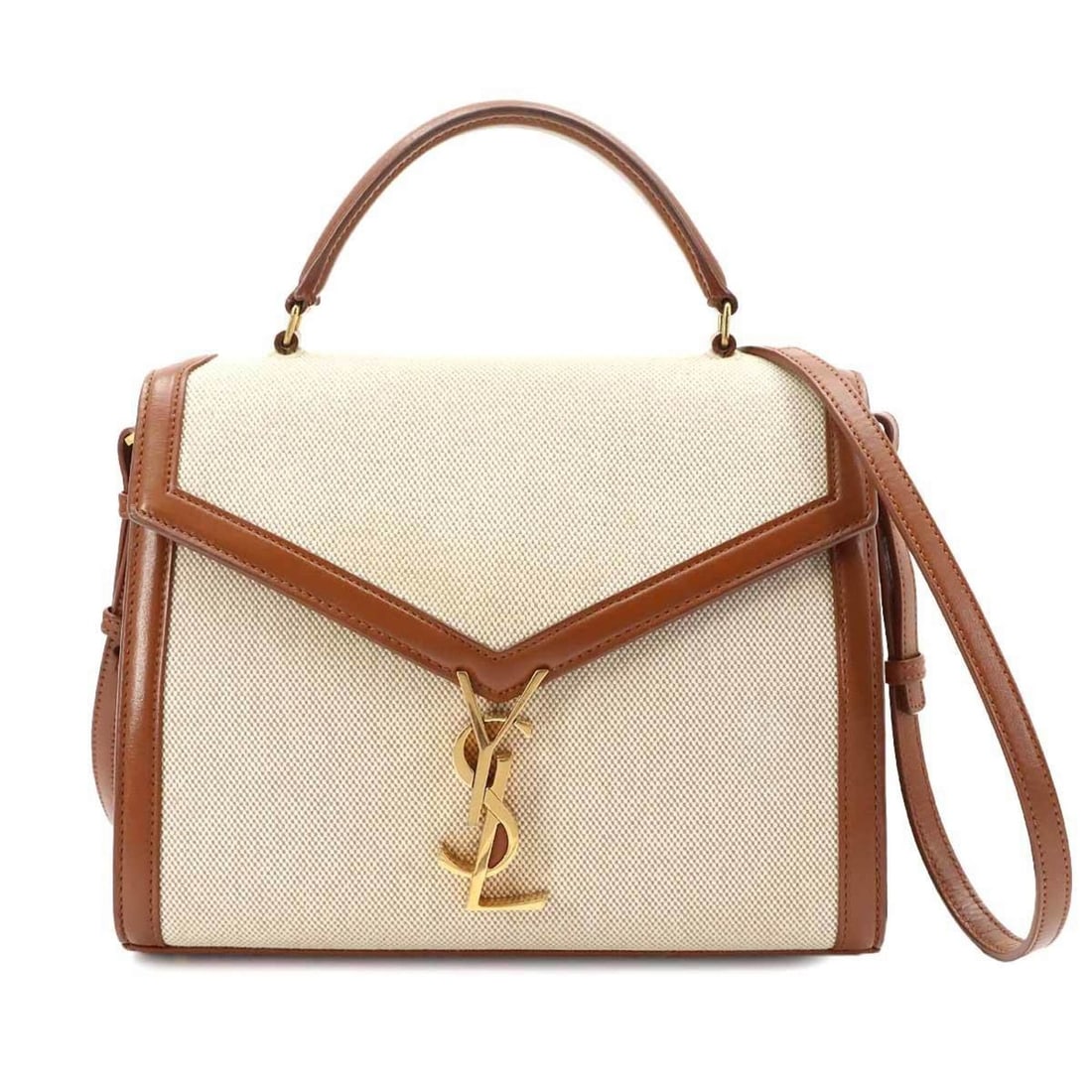 Saint Laurent Cassandra 2-way Hand/Shoulder Handbag, Canvas and Leather, Beige/Brown, 578000 Bag: --- Catalog ---Category: SizeSize (HxWxD): 19cm x 24.5cm x 11.5cm / 7.48'' x 9.64'' x 4.52''Category: DesignType: HandbagColor: Beige, BrownGender: WomenMaterial: Canvas , Leather Category: GeneralMPN