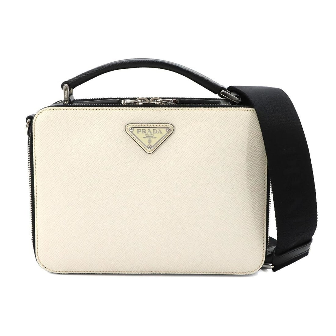 Prada Brique 2-way Hand/Shoulder Bag, Saffiano Leather, Tarco Nero White/Black, 2VH069 Shoulder Bag: --- Catalog ---Category: SizeSize (HxWxD): 16cm x 22cm x 7cm / 6.29'' x 8.66'' x 2.75''Category: DesignType: Handbag, Shoulder bagColor: Black, WhiteGender: WomenMaterial: Saffiano triangle Category: 