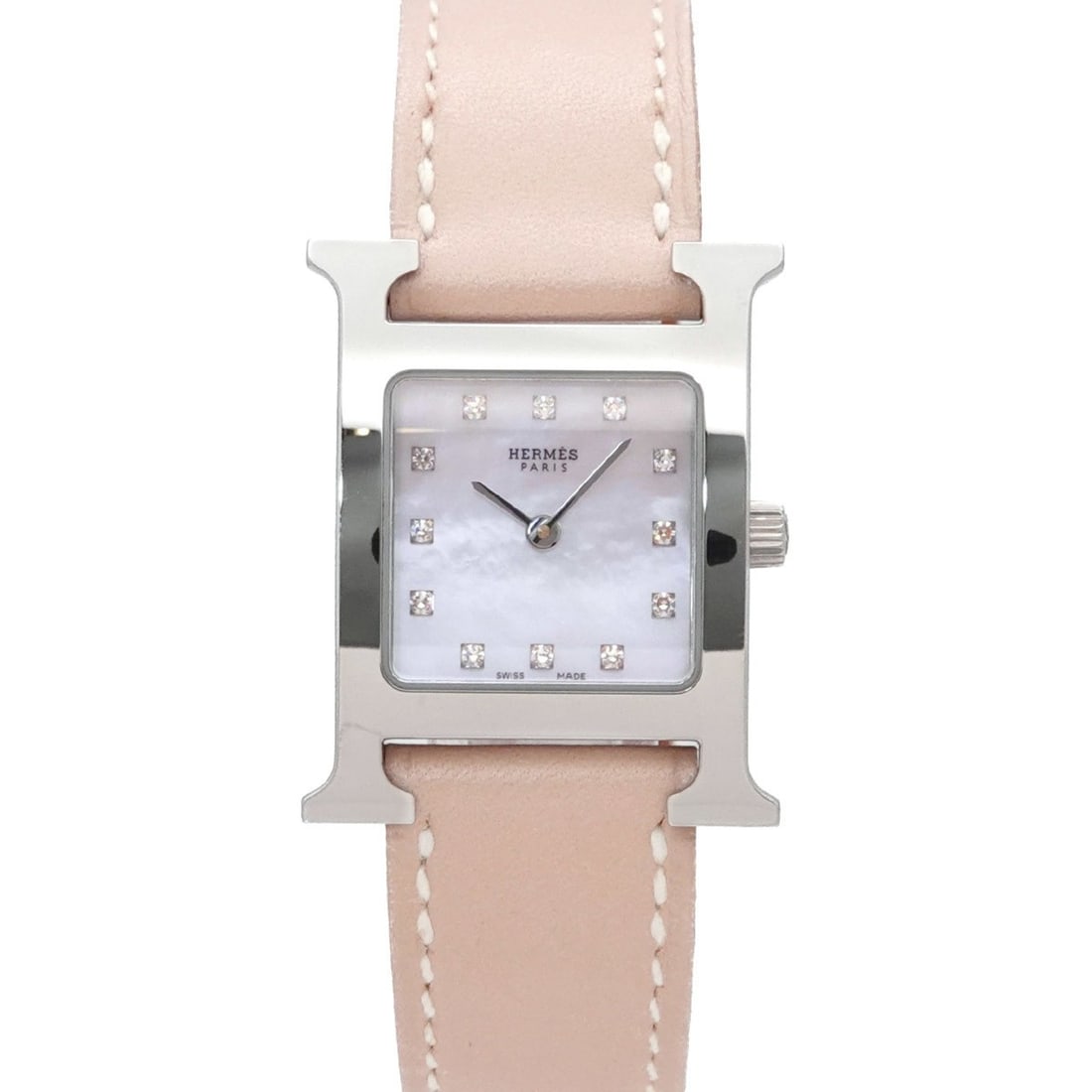 Hermes H-Watch HH1 210 Women's Watch 12P Diamond White Shell Quartz H: --- Catalog ---Category: SizeWrist Size: 16cm - 13.5cm / 6.29'' - 5.31''Case Diameter: 21mm / 0.83''Category: DesignType: WristwatchGender: WomenColor (Dial): White shellMaterial (Band): Stainless ste