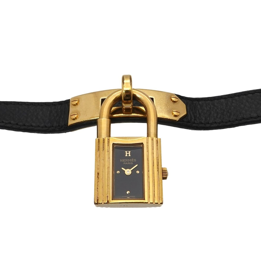 Hermes Kelly Watch, Ladies' Gold and Black Quartz Watch with Padlock: --- Catalog ---Category: SizeWrist Size: 13.5cm - 16cm / 5.31'' - 6.29''Case Diameter: 20mm / 0.79''Category: DesignType: WristwatchGender: WomenColor (Dial): BlackMaterial (Band): Gold plated, Leathe