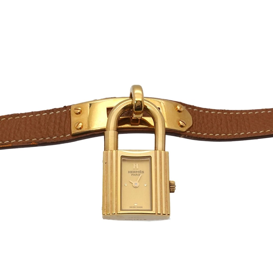 Hermes Kelly Watch, Ladies' Gold and Brown Quartz Watch with Padlock: --- Catalog ---Category: SizeWrist Size: 13.5cm - 16cm / 5.31'' - 6.29''Case Diameter: 20mm / 0.79''Category: DesignType: WristwatchColor: GoldGender: WomenMaterial (Band): Gold plated, Leather, Stain