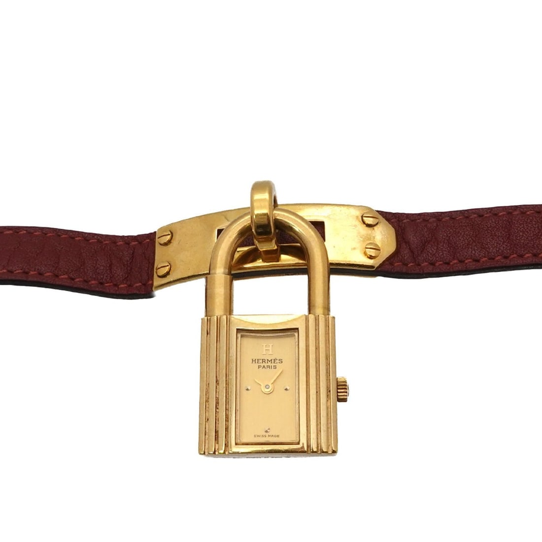 Hermes Kelly Watch, Ladies' Gold/Bordeaux, Quartz with Padlock: --- Catalog ---Category: SizeWrist Size: 13cm - 15.5cm / 5.11'' - 6.1''Case Diameter: 20mm / 0.79''Category: DesignType: WristwatchGender: WomenColor (Dial): GoldMaterial (Band): Gold plated, Leather,