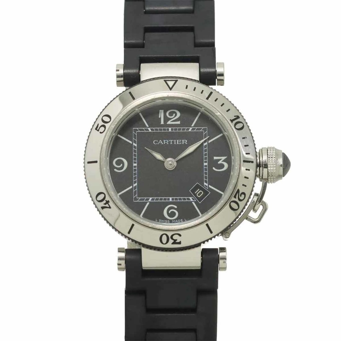 Cartier Pasha Seatimer W3140003 Women's Watch, Date, Black, Quartz Watch: --- Catalog ---Category: SizeWrist Size: 17cm / 6.69''Case Diameter: 33mm / 1.3''Category: DesignType: WristwatchGender: WomenColor (Dial): BlackMaterial (Band): Rubber, Stainless steelMaterial (Case)