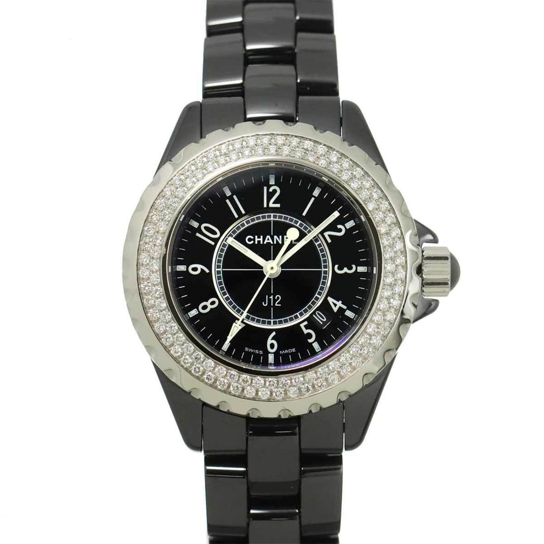 Chanel J12 33mm H0949 Genuine Diamond Bezel Ladies' Watch Black Ceramic Date Quartz: --- Catalog ---Category: SizeWrist Size: 15.5cm / 6.1''Case Diameter: 34mm / 1.34''Category: DesignType: WristwatchGender: WomenColor (Dial): BlackMaterial (Band): Ceramic, Stainless steelMaterial (Ca