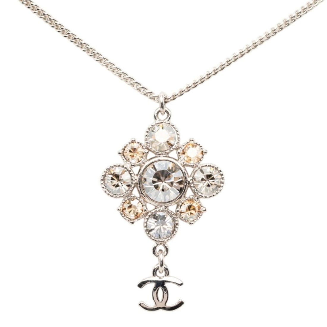 Chanel Coco Mark Necklace, Silver and Gold Metal Crystal, Women's CHANEL: --- Catalog ---Category: SizePendant Size: 40.7mm x 24.8mm / 1.6'' x 0.97''Neck Circumference: 47.5 cm / 18.7''Category: DesignColor: Gold, SilverGender: WomenMaterial: MetalNecklace Type: NecklaceCat