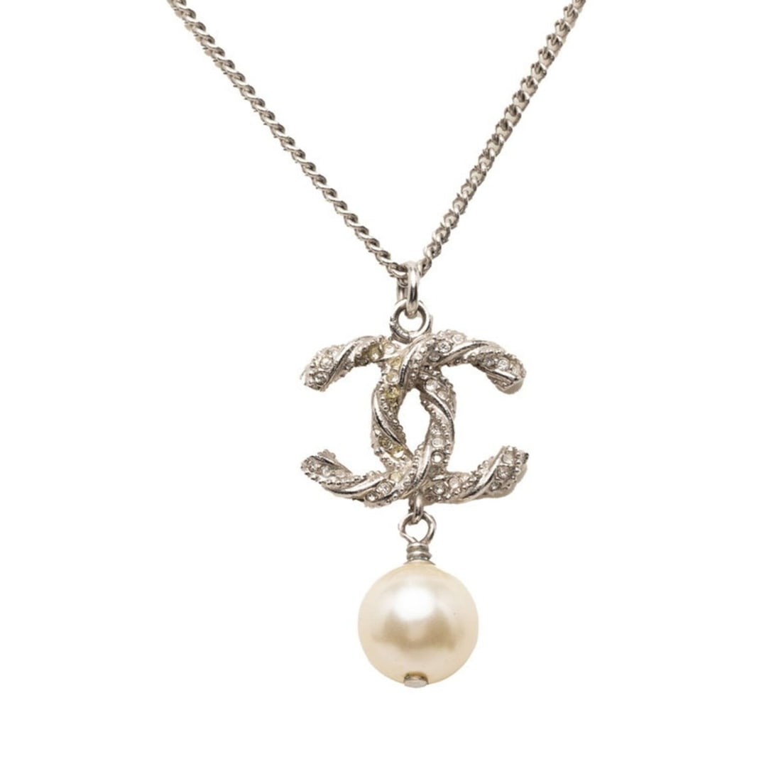 Chanel Coco Mark Rhinestone Necklace, Silver Metal, Faux Pearl, Women's CHANEL: --- Catalog ---Category: SizePendant Size: 30.3mm x 19.1mm / 1.19'' x 0.75''Neck Circumference: 60 cm / 23.62''Category: DesignColor: SilverGender: WomenMaterial: Artificial pearl, MetalNecklace Type: