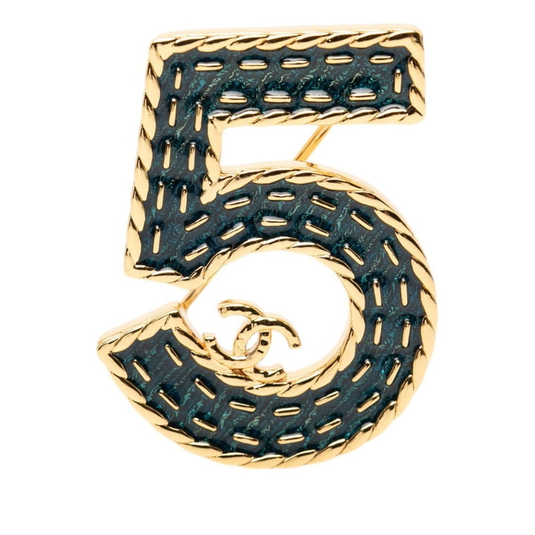 Chanel Coco Mark No. 5 Brooch, I24P Engraving, Gold and Green Plated, Women's.: --- Catalog ---Category: SizeSize (HxWxD): 4.01cm x 2.98cm / 1.57'' x 1.17''Category: DesignType: BroochColor: Gold, GreenGender: WomenCategory: GeneralBrand: Chanel--- Item List ---Section: Condition