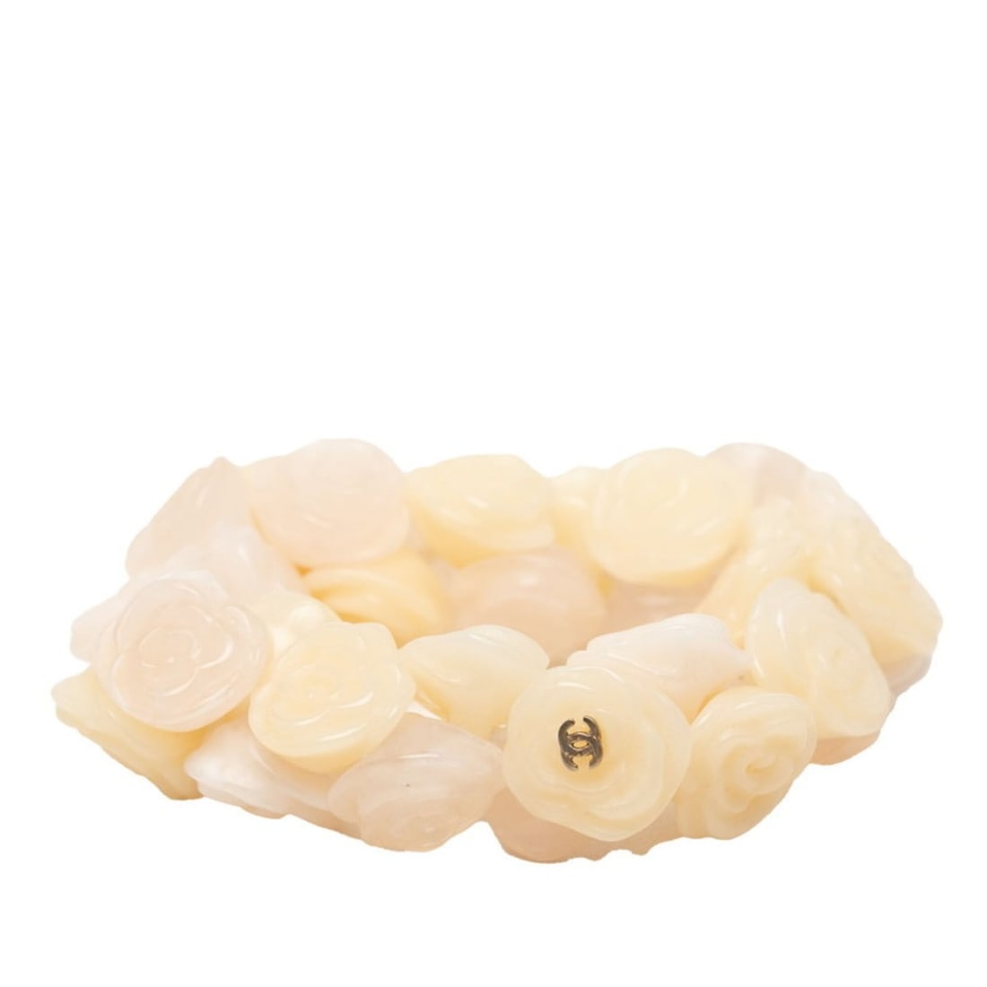 Chanel Coco Mark Camellia Bracelet, 02P Engraving, Ivory Pink Plastic, Women's CHANEL: --- Catalog ---Category: SizeLength: 14cm / 5.51''Category: DesignType: Charm braceletColor: Ivory, PinkGender: WomenMaterial: PlasticCategory: GeneralBrand: Chanel--- Item List ---Section: ConditionR