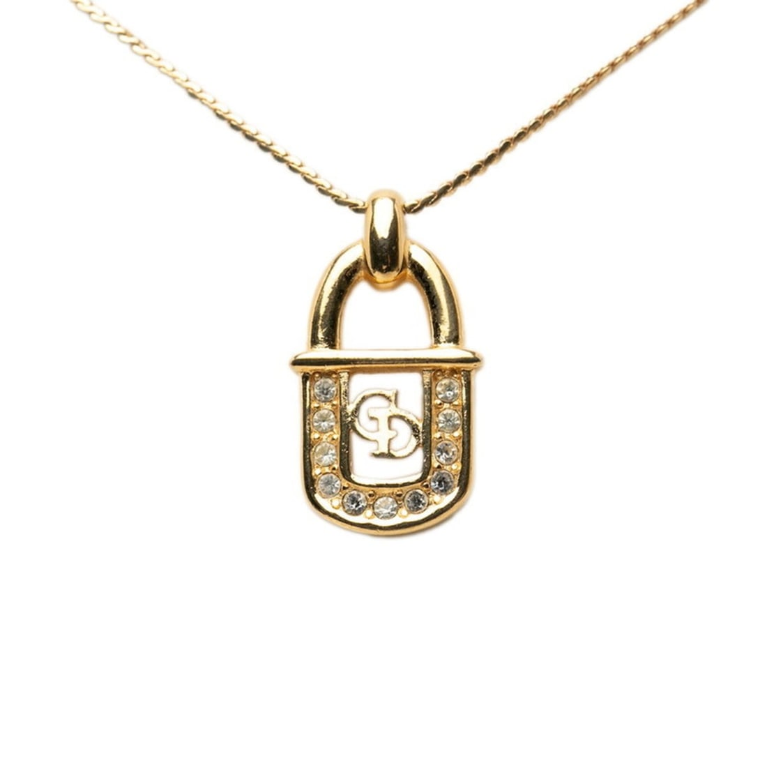 Christian Dior Dior CD Logo Padlock Chain Pendant Necklace, Gold Plated Rhinestone, Women's.: --- Catalog ---Category: SizePendant Size: 27.2mm x 15.2mm / 1.07'' x 0.59''Neck Circumference: 45.5 cm / 17.91''Category: DesignColor: GoldGender: WomenMaterial: Gold plating, RhinestonePendant Type: