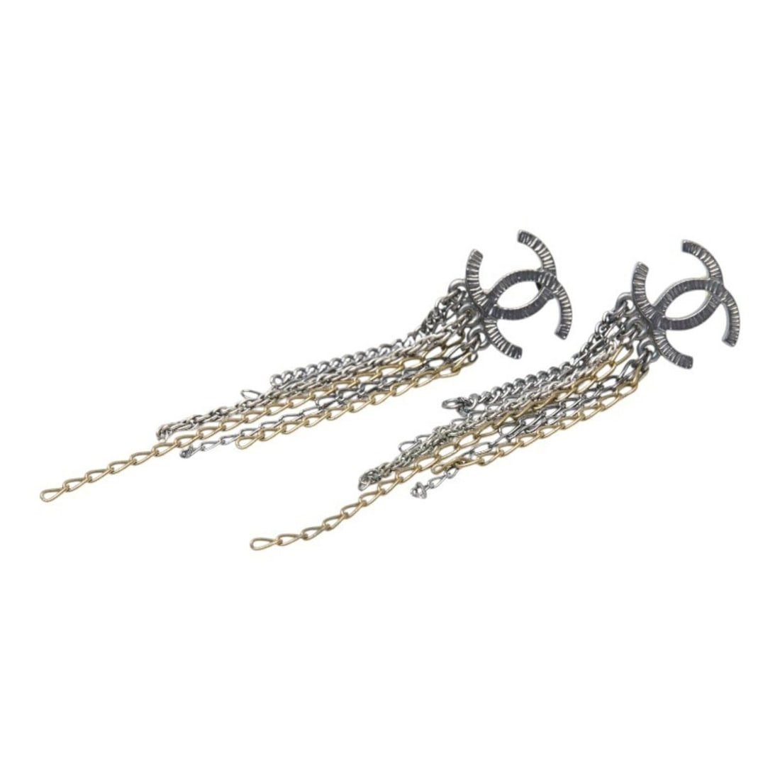 Chanel Coco Mark Earrings, Silver and Gold Metal, Women's CHANEL: --- Catalog ---Category: SizeSize (HxWxD): 76.90mm x 15.80mm / 3.03'' x 0.62''Category: DesignType: Clip earringsColor: Gold, SilverGender: WomenMaterial: MetalCategory: GeneralBrand: Chanel--- Item L