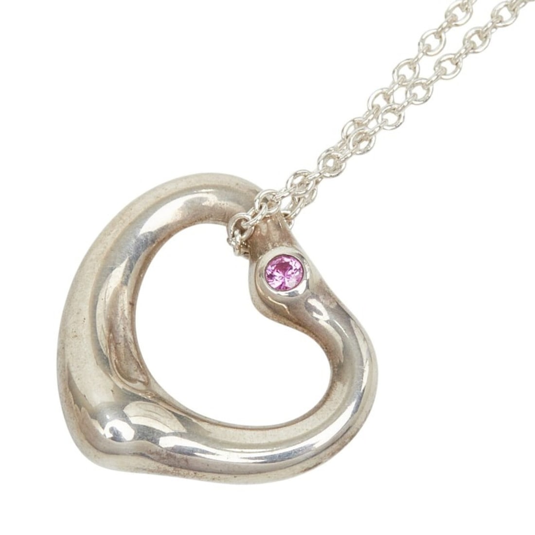 Tiffany & Co. Elsa Peretti Open Heart Chain Pendant Necklace, SV925 Silver, Pink Sapphire, Women's.: --- Catalog ---Category: SizePendant Size: 13.6mm x 15.6mm / 0.53'' x 0.61''Neck Circumference: 40.5 cm / 15.94''Category: DesignColor: SilverStone: SapphireGender: WomenMaterial: Silver 925Stone Colo