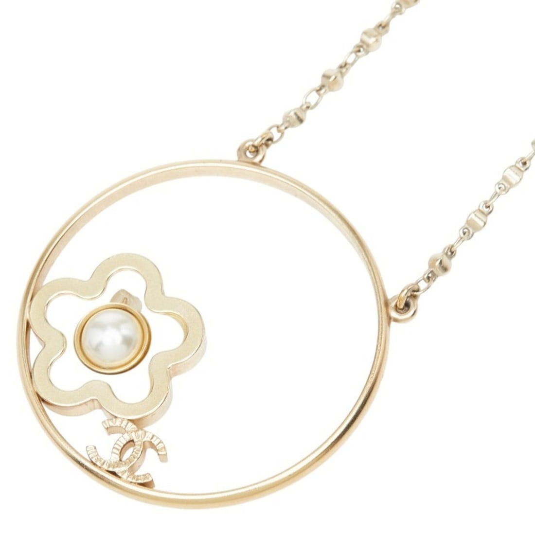 Chanel Coco Mark Camellia Necklace, Gold Plated, Faux Pearl, Women's.: --- Catalog ---Category: SizePendant Size: 49.7mm x 47.4mm / 1.95'' x 1.86''Neck Circumference: 65.5 cm / 25.78''Category: DesignColor: GoldStone: Artificial pearlGender: WomenMaterial: Gold platingNe