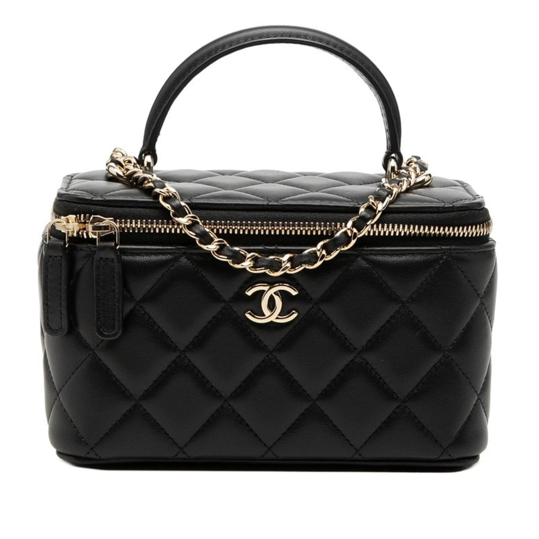 Chanel Matelassé Coco Mark Vanity Bag, Crossbody Chain Shoulder Bag AP2199, Black with Gold: --- Catalog ---Category: SizeSize (HxWxD): 10cm x 16cm x 8cm / 3.93'' x 6.29'' x 3.14''Category: DesignType: Shoulder bag, Vanity bagColor: BlackGender: WomenMaterial: Leather Leather/Fur Type: Lambsk