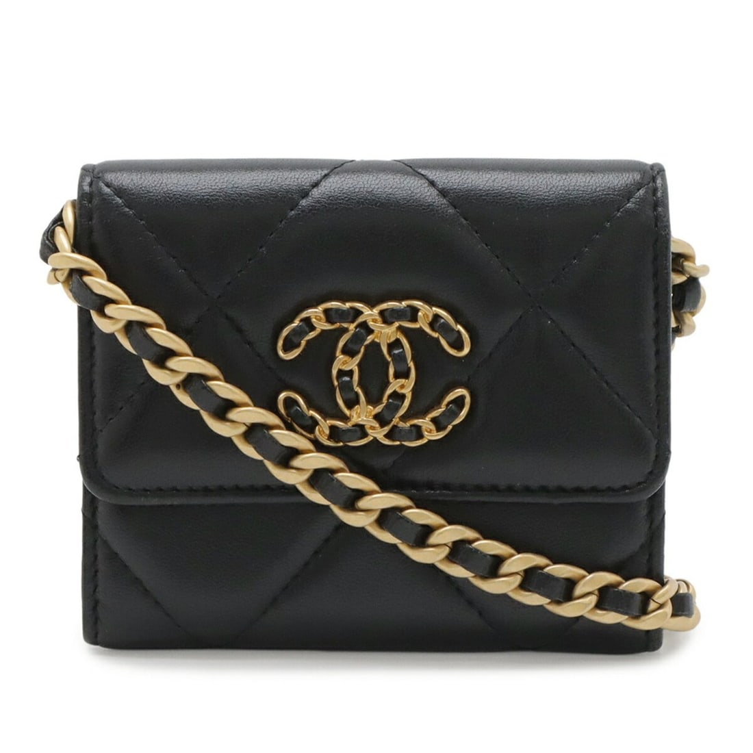 CHANEL Chanel 19 Matelassé Coco Mark Chain Coin Purse, Purse with Strap, Lambskin Leather, Black (1 of 13)
