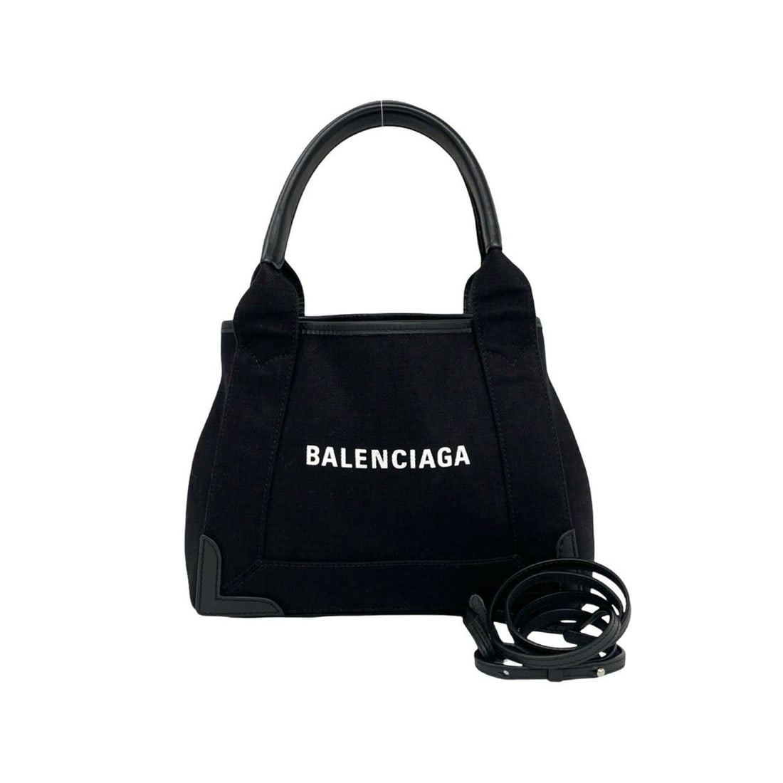 BALENCIAGA Navy Cabas XS Canvas Leather Genuine 2-way Handbag Shoulder Bag Black 22787: --- Catalog ---Category: SizeSize (HxWxD): 19cm x 24.5cm x 7cm / 7.48'' x 9.64'' x 2.75''Category: DesignType: Handbag, Pouch, Shoulder bagColor: BlackGender: WomenMaterial: Canvas , Leather Category: