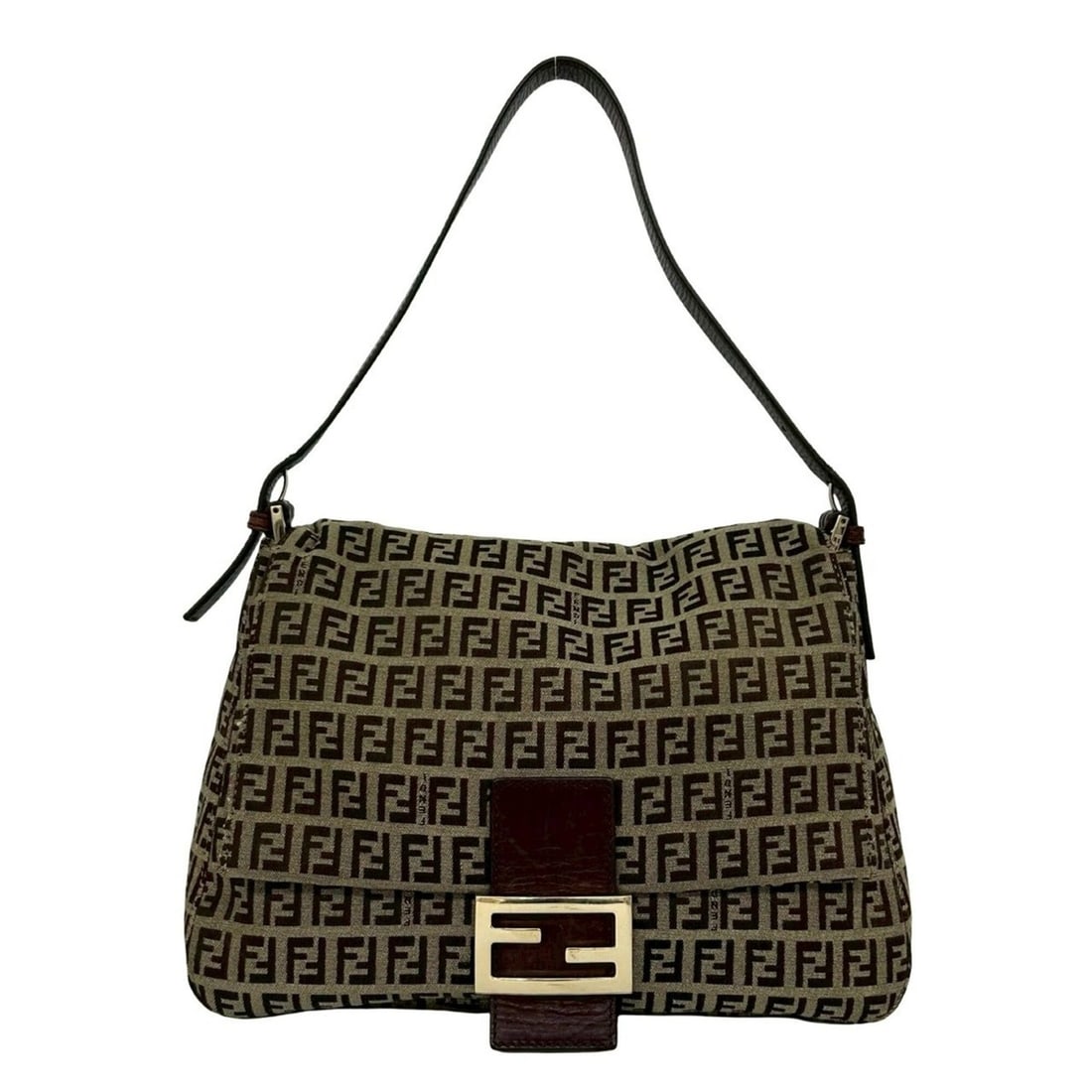 FENDI Zucchino FF Pattern Logo Hardware Canvas Leather Semi One Shoulder Bag Handbag Brown 76573 (1 of 18)