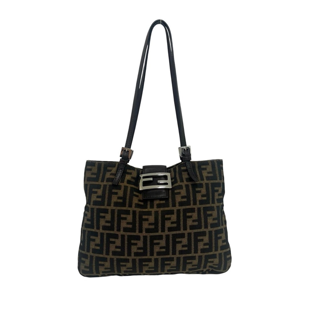 FENDI Zucca FF pattern logo metal hardware canvas leather genuine tote bag semi shoulder brown black: --- Catalog ---Category: SizeSize (HxWxD): 22.5cm x 29cm x 4cm / 8.85'' x 11.41'' x 1.57''Category: DesignType: Shoulder bag, Tote bagColor: Black, BrownGender: WomenMaterial: Canvas , Leather Categor