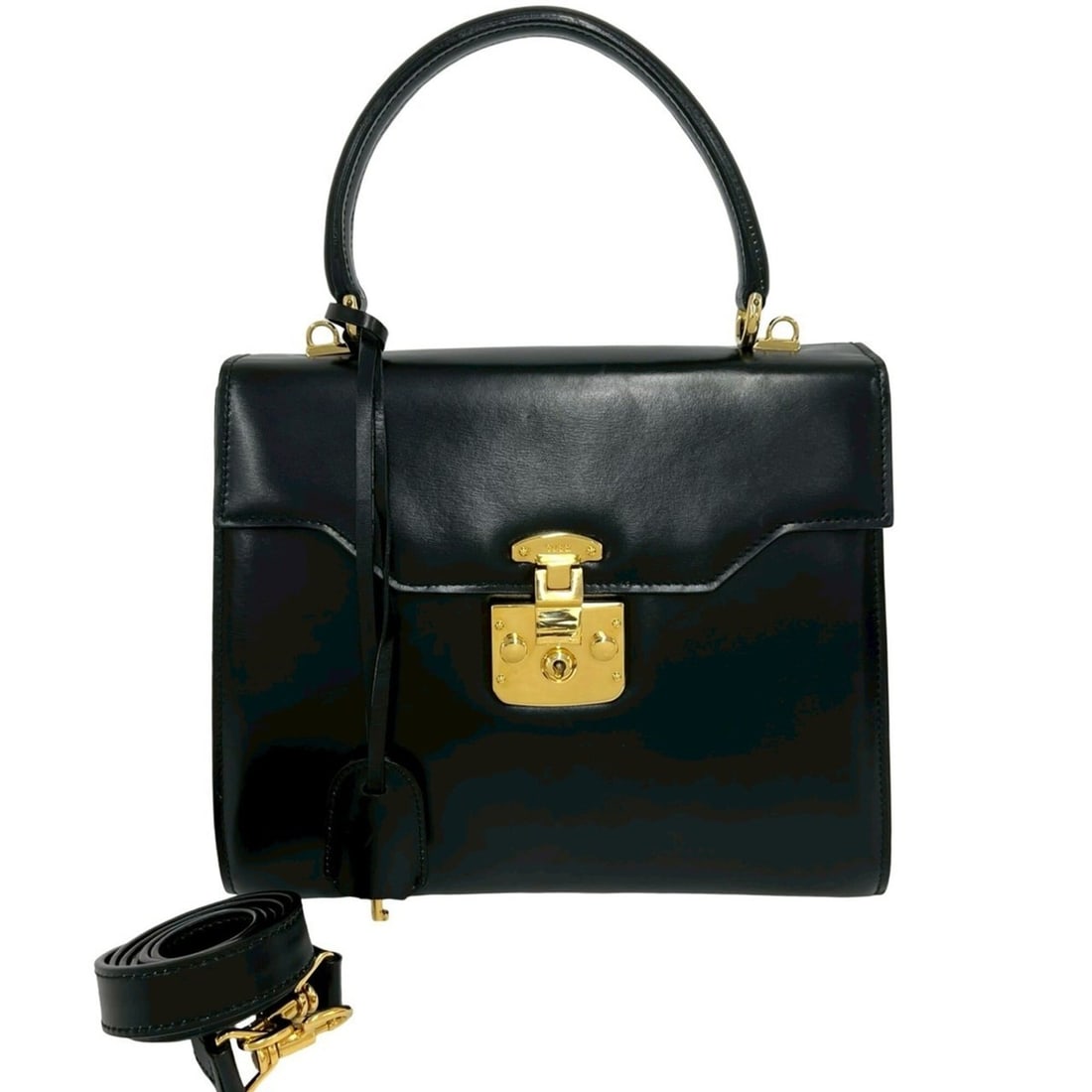 GUCCI Vintage Lady Lock Leather 2-way Handbag/Shoulder Bag/Tote Bag, Black 30211: --- Catalog ---Category: SizeSize (HxWxD): 20cm x 24cm x 8.5cm / 7.87'' x 9.44'' x 3.34''Category: DesignType: Handbag, Shoulder bag, Tote bagColor: BlackGender: WomenMaterial: Leather Category: Gener