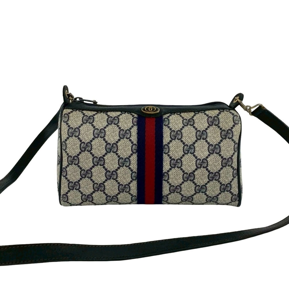GUCCI Vintage Old Gucci Sherry Line GG Logo Hardware Leather Shoulder Bag Pouch Navy 36444: --- Catalog ---Category: SizeSize (HxWxD): 12.5cm x 22cm x 6.5cm / 4.92'' x 8.66'' x 2.55''Category: DesignType: Pochette, Shoulder bagColor: Navy, Red colorGender: WomenMaterial: Leather , PVC Catego