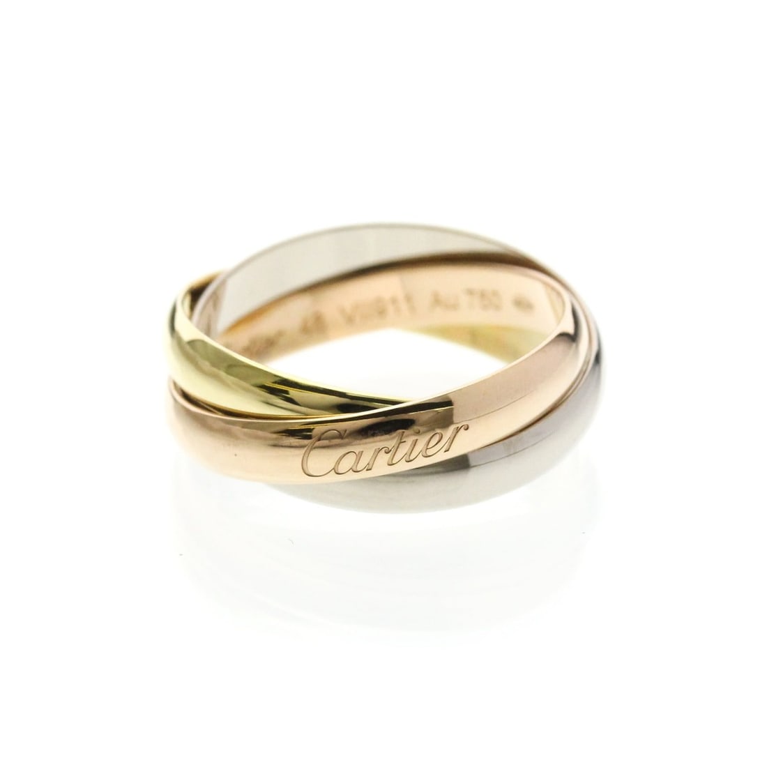 Cartier Trinity Yellow Gold (18K),Pink Gold (18K),White Gold (18K) Fashion No Stone Band Ring Gold: --- Catalog ---Category: SizeWidth: 2.9mm / 0.11''Weight: 4.6g / 0.16oz.JP Size: 8US Size: 4 1/2Brand Size: 48Category: DesignType: Band ringColor: GoldMetal: Gold, White GoldStone: No StoneStyle: Fas