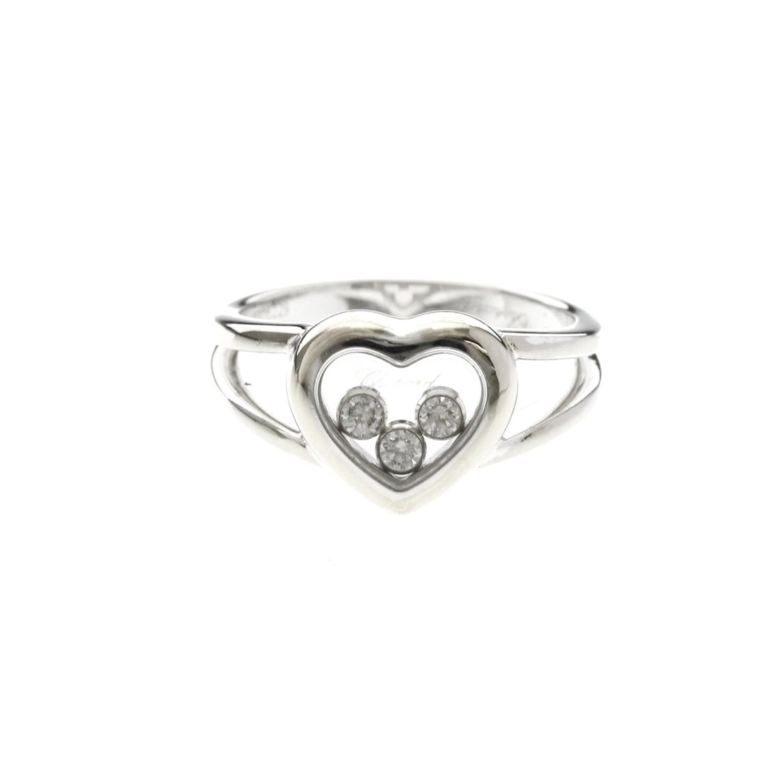 Chopard Happy Diamonds Ring 82/4611 White Gold (18K) Fashion Diamond Band Ring Silver: --- Catalog ---Category: SizeWidth: 3mm / 0.12''Weight: 7.4g / 0.26oz.JP Size: 13.5US Size: 6.5-7Stone Size (HxW): 10.70mm x 12.00mm / 0.42'' x 0.47''Category: DesignType: Band ringColor: SilverMetal: