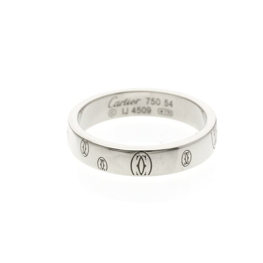 Cartier Happy Birthday Ring White Gold (18K) Fashion No Stone Band Ring Silver: --- Catalog ---Category: SizeWidth: 4mm / 0.16''Weight: 5.6g / 0.19oz.JP Size: 14US Size: 6 3/4Brand Size: 54Category: DesignType: Band ringColor: SilverMetal: White GoldStone: No StoneStyle: FashionG