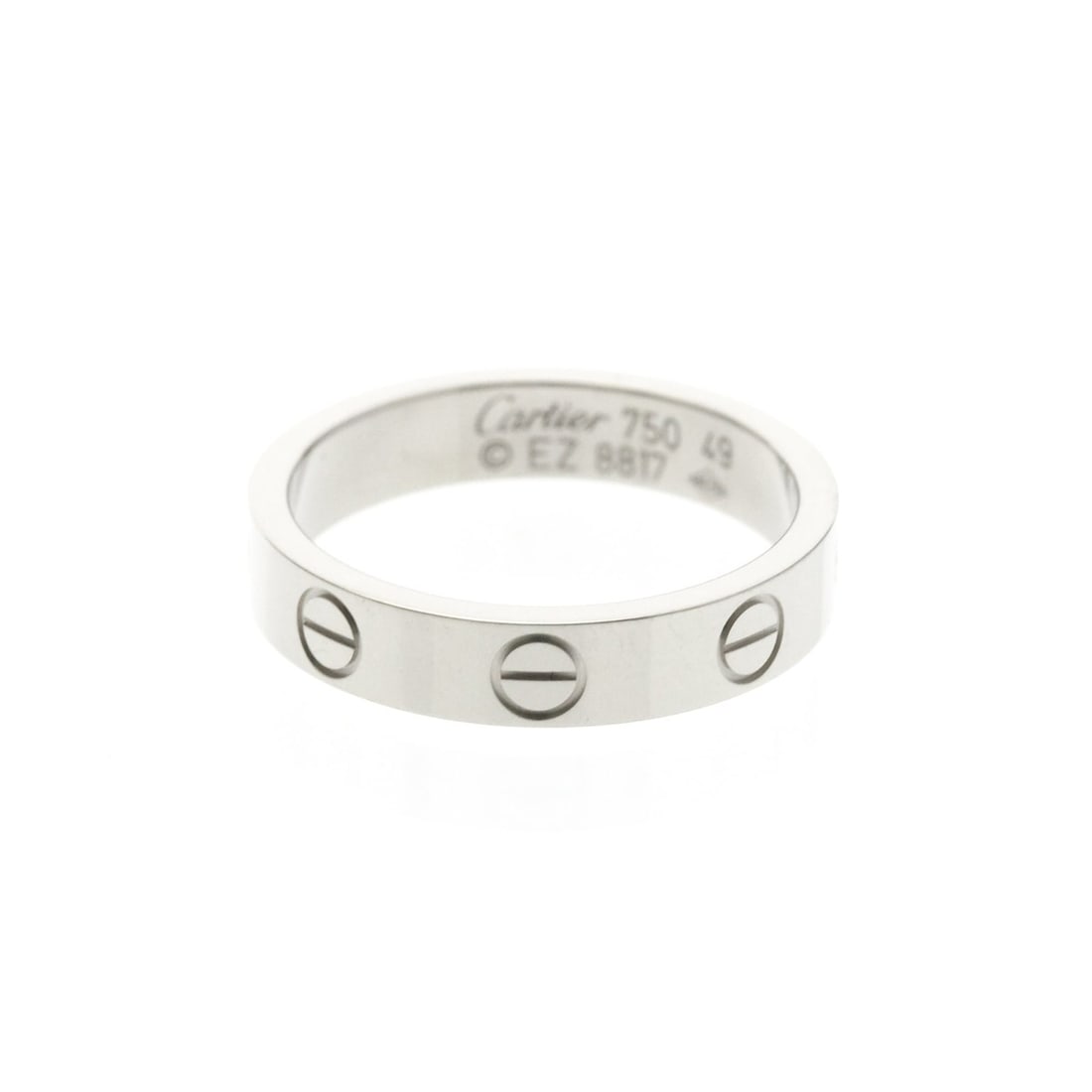 Cartier Mini Love Ring White Gold (18K) Fashion No Stone Band Ring Silver: --- Catalog ---Category: SizeWidth: 3.6mm / 0.14''Weight: 3.8g / 0.13oz.JP Size: 9US Size: 4 3/4Brand Size: 49Category: DesignType: Band ringColor: SilverMetal: White GoldStone: No StoneStyle: Fashion