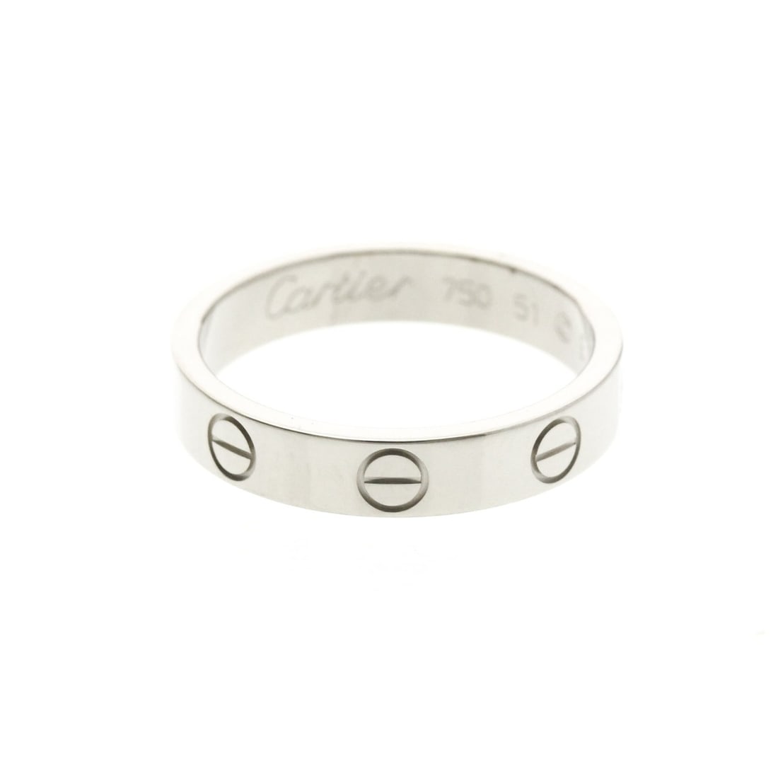 Cartier Mini Love Ring White Gold (18K) Fashion No Stone Band Ring Silver: --- Catalog ---Category: SizeWidth: 3.6mm / 0.14''Weight: 4g / 0.14oz.JP Size: 11US Size: 5 3/4Brand Size: 51Category: DesignType: Band ringColor: SilverMetal: White GoldStone: No StoneStyle: FashionG