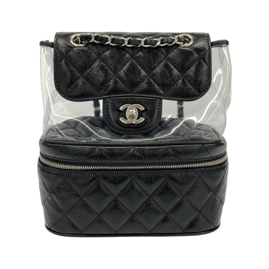 Chanel 57826 Backpack: --- Catalog ---Category: SizeSize (HxWxD): 24cm x 24cm x 11.5cm / 9.44'' x 9.44'' x 4.52''Category: DesignType: BackpackColor: BlackGender: WomenMaterial: PVC , Leather Leather/Fur Type: