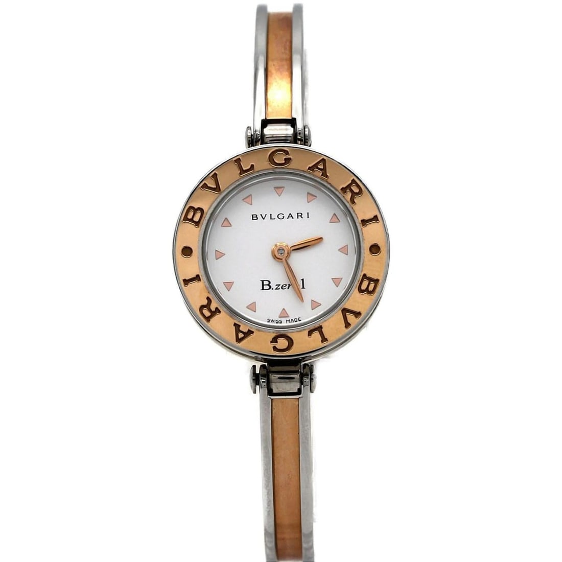 Bulgari B-Zero1 PG combination, medium size, BZ22SG BZ22WSPG SSxPG quartz wristwatch: --- Catalog ---Category: SizeWrist Size: 14.5cm / 5.7''Case Diameter: 22mm / 0.87''Category: DesignType: WristwatchGender: WomenColor (Dial): WhiteMaterial (Band): Pink gold, Stainless steelMaterial (