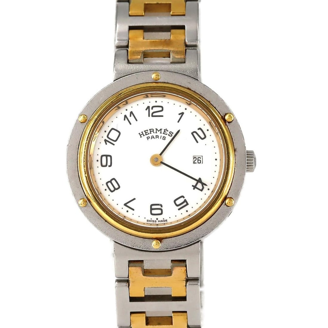Hermes Clipper Combination SSxGP Quartz Watch: --- Catalog ---Category: SizeWrist Size: 17cm / 6.69''Case Diameter: 30mm / 1.18''Category: DesignType: WristwatchGender: MenColor (Dial): WhiteMaterial (Band): Gold plated, Stainless steelMaterial (C
