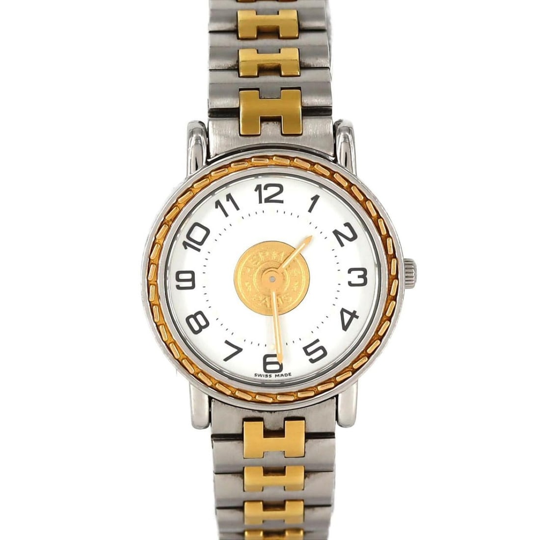 Hermes Sellier Combi SE4.240 SSxGP Quartz Watch: --- Catalog ---Category: SizeWrist Size: 14.5cm / 5.7''Case Diameter: 24mm / 0.94''Category: DesignType: WristwatchGender: WomenColor (Dial): WhiteMaterial (Band): Gold plated, Stainless steelMaterial