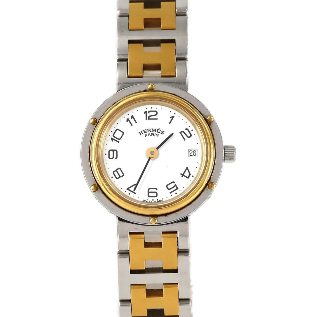 Hermes Clipper Combination SSxGP Quartz Watch: --- Catalog ---Category: SizeWrist Size: 15.5cm / 6.1''Case Diameter: 24mm / 0.94''Category: DesignType: WristwatchGender: WomenColor (Dial): WhiteMaterial (Band): Gold plated, Stainless steelMaterial