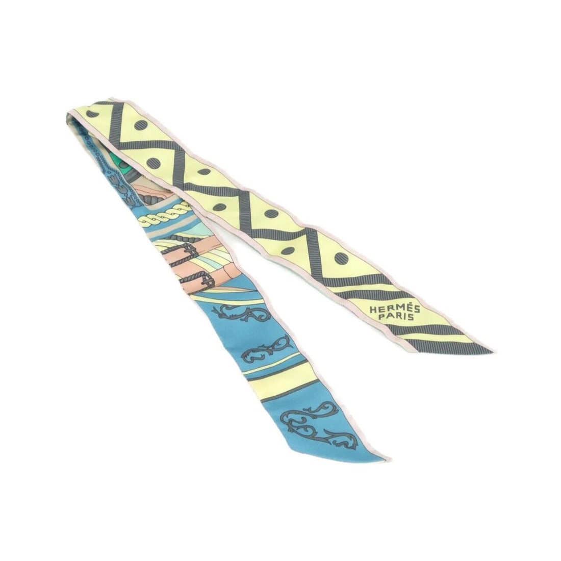 Hermes BALADE EN BERLINE Twilly 062919S Scarf Muffler: --- Catalog ---Category: SizeSize (LxW): 86cm x 5cm / 33.85'' x 1.96''Category: DesignType: ScarfColor: Blue, YellowGender: WomenMaterial: Silk Category: GeneralMPN: 062919SBrand: Hermes--- Item List 