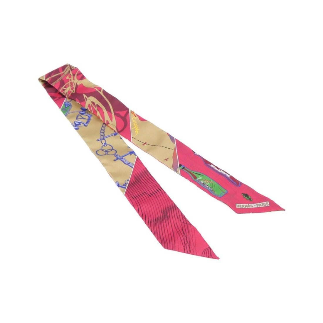 Hermes Caleche Mors et Bouteill Twilly 063158S Scarf Muffler: --- Catalog ---Category: SizeSize (LxW): 5cm x 86cm / 1.96'' x 33.85''Category: DesignType: ScarfColor: Beige, PinkGender: Women,MenMaterial: Silk Category: GeneralMPN: 063158SBrand: Hermes--- Item