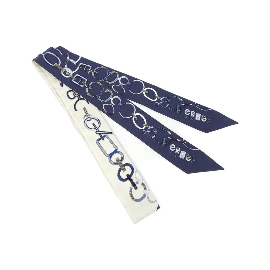 Hermes DO RE BOUCLES BIJOU Twilly Twins H483951S Scarf/Muffler: --- Catalog ---Category: SizeSize (LxW): 1.68m x 5cm / 66.14'' x 1.96''Category: DesignType: ScarfColor: Blue, WhiteGender: Women,MenMaterial: Silk , Beads Category: GeneralBrand: Hermes--- Item List 