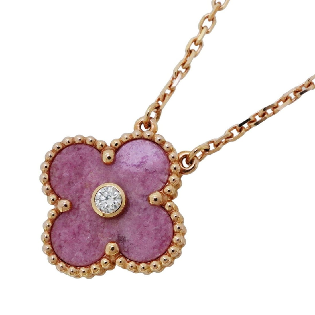 Van Cleef & Arpels Alhambra Necklace, 1PD, 18KPG Pink Gold, Diamond, Rhodonite, Pink, Ladies': --- Catalog ---Category: SizePendant Size: 15.2mm x 14.5mm / 0.59'' x 0.57''Neck Circumference: 37.5 cm - 42 cm / 14.76'' - 16.53''Category: DesignColor: PinkStone: Diamond, RhodoniteGender: WomenMate