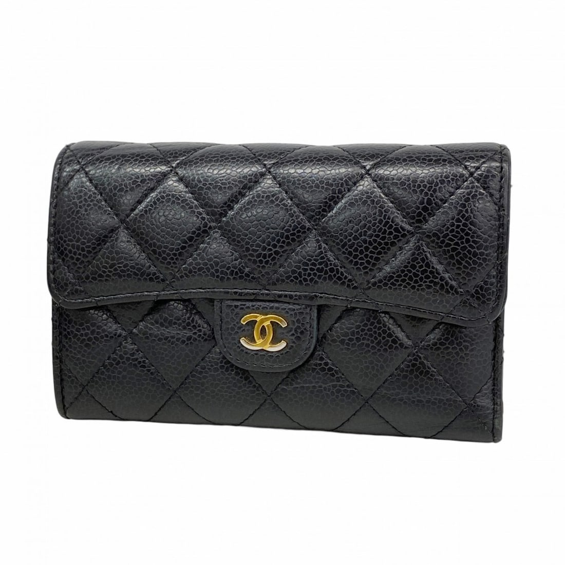 Chanel Tri-fold Wallet, Matelassé Caviar Leather, Black, Women's, OP002398 (1 of 10)
