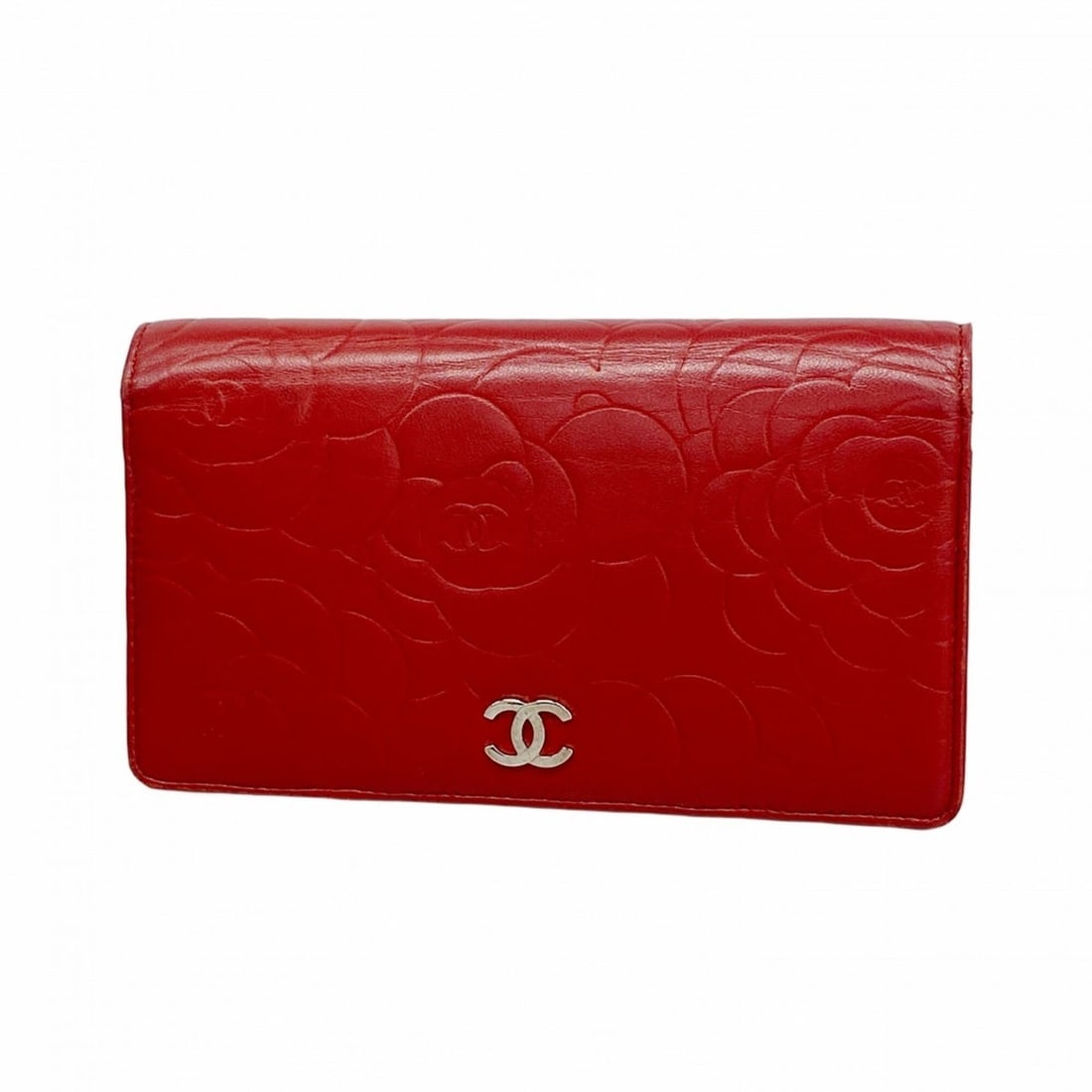Chanel long wallet, Camellia design, lambskin, red, women's.: --- Catalog ---Category: SizeSize (HxWxD): 10cm x 18cm x 2.5cm / 3.93'' x 7.08'' x 0.98''Category: DesignType: Long wallet (bi-fold)Color: Red colorGender: WomenMaterial: Leather Leather/Fur Type: Lam