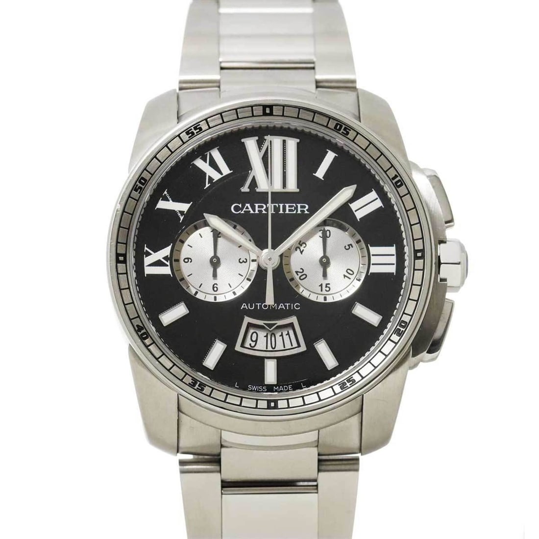 Cartier Calibre de W7100061 Men's Watch, Date, Black, Automatic Movement: --- Catalog ---Category: SizeWrist Size: 17.5cm / 6.88''Case Diameter: 43mm / 1.69''Category: DesignType: WristwatchGender: MenColor (Dial): Black, SilverMaterial (Band): Stainless steelMaterial (Case