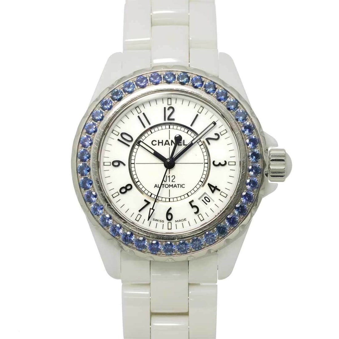 Chanel J12 H1180 Blue Sapphire Bezel Men's Watch White Ceramic Date Automatic: --- Catalog ---Category: SizeWrist Size: 18.5cm / 7.28''Case Diameter: 39mm / 1.54''Category: DesignType: WristwatchGender: MenColor (Dial): WhiteMaterial (Band): Ceramic, Stainless steelMaterial (Cas