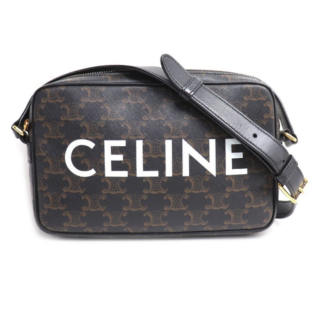 CELINE Triomphe Shoulder Bag, Black, 194502CIM.380G, Women's: --- Catalog ---Category: SizeSize (HxWxD): 14.5cm x 23cm x 4.5cm / 5.7'' x 9.05'' x 1.77''Category: DesignType: Shoulder bagColor: BlackGender: WomenMaterial: PVC , Leather Hardware Color: GoldCategor