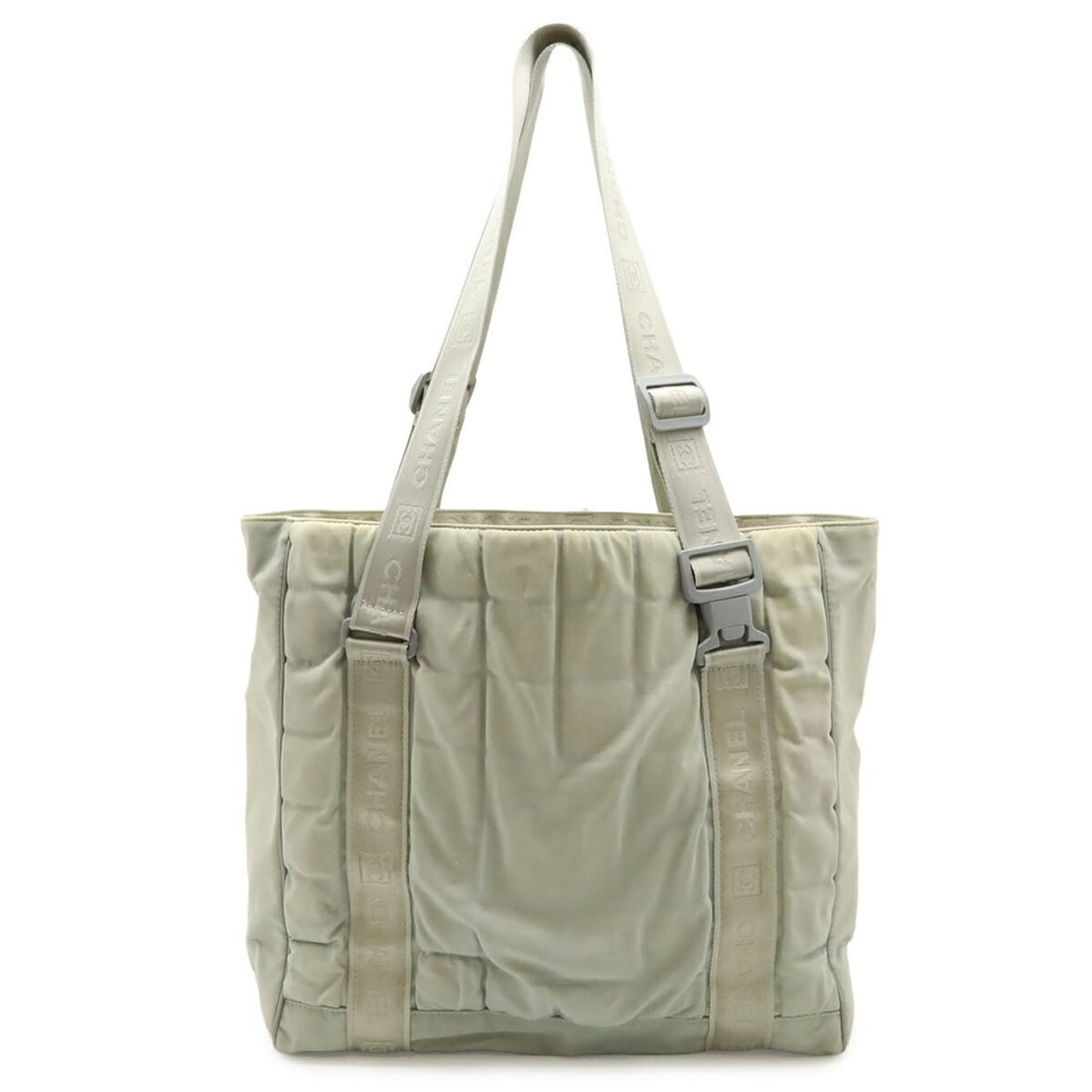 CHANEL Sport Line Coco Mark Chocolate Bar Strap Tote Bag, Nylon, Light Gray: --- Catalog ---Category: SizeSize (HxWxD): 35.5cm x 37cm x 14cm / 13.97'' x 14.56'' x 5.51''Category: DesignType: Tote bagColor: Light grayGender: WomenMaterial: Nylon Category: GeneralBrand: ChanelCo