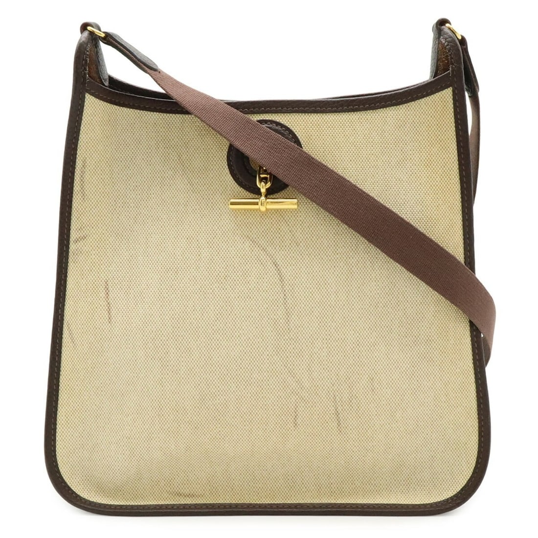 HERMES Vespa PM Shoulder Bag, Toile H Leather, Beige/Dark Brown, ?D Stamp: --- Catalog ---Category: SizeWeight: 420g / 14.81oz.Size (HxWxD): 27cm x 28cm x 8cm / 10.62'' x 11.02'' x 3.14''Strap Length: 86cm / 33.85''Category: DesignType: Shoulder bagColor: Beige brownGender: 