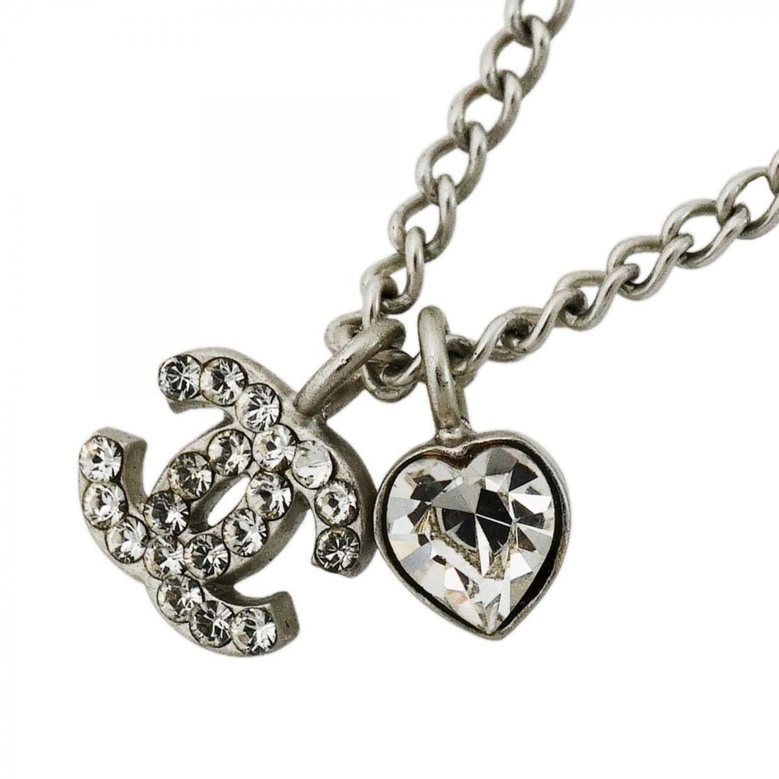 Chanel Necklace, Coco Mark Heart Motif, Metal, Rhinestone, Silver, Women's (1 of 18)
