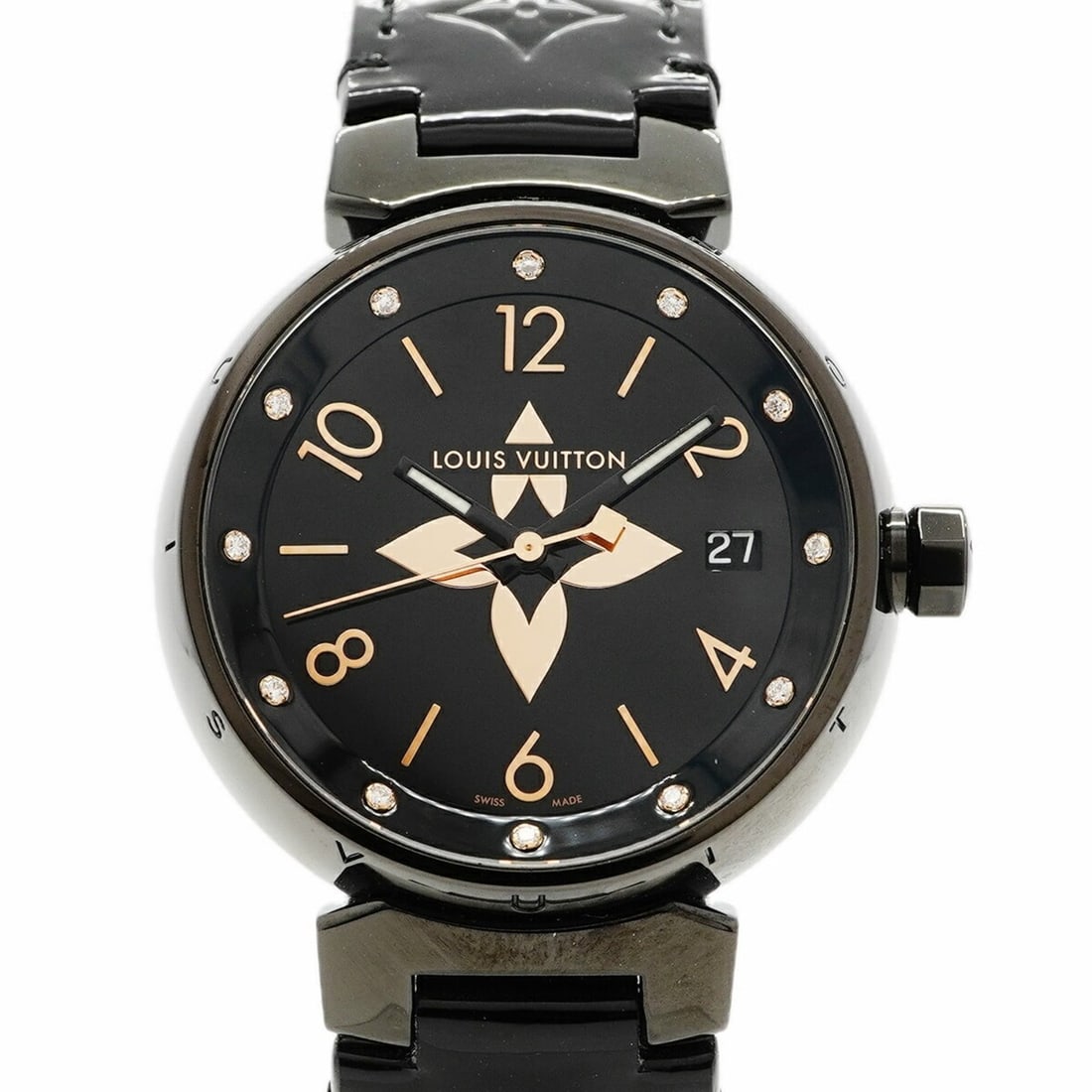 Louis Vuitton Tambour All Black QA048Z Dial Watch for Men and Women: --- Catalog ---Category: SizeWrist Size: 17.5cm / 6.88''Case Diameter: 33.6mm / 1.32''Category: DesignType: WristwatchGender: Men,WomenColor (Dial): BlackMaterial (Band): LeatherCategory: GeneralMPN: 