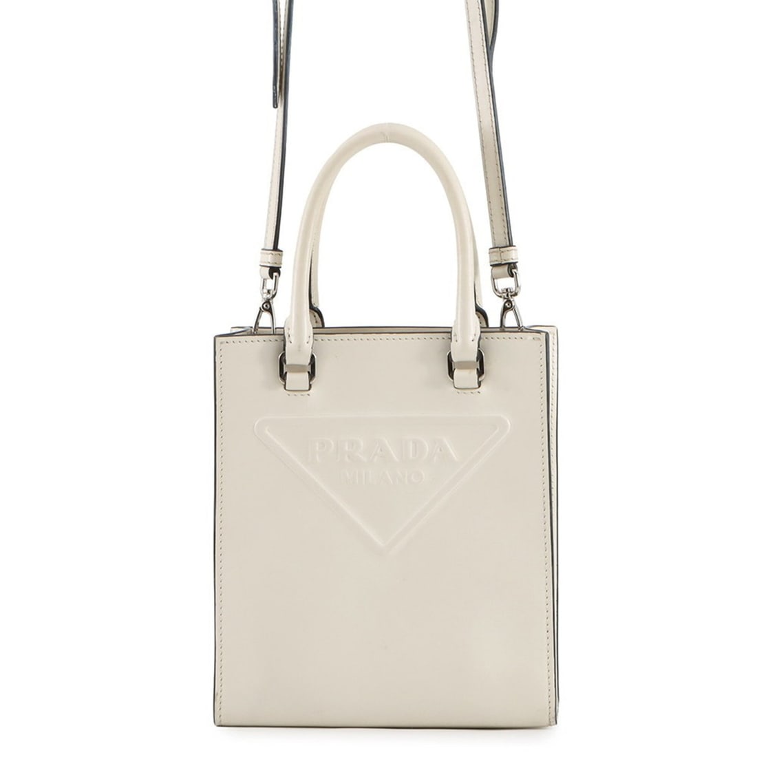 Prada Triangle Leather Handbag 1BA333 PRADA 2-way Shoulder Bag White: --- Catalog ---Category: SizeSize (HxWxD): 19.5cm x 17cm x 6.5cm / 7.67'' x 6.69'' x 2.55''Category: DesignType: Handbag, Shoulder bagColor: WhiteGender: WomenMaterial: Leather Category: GeneralMPN: 1